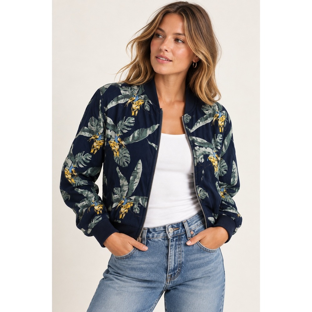 Frank And Oak Womens Navy Tropical Bird Print Viscose Bomber Jacket small